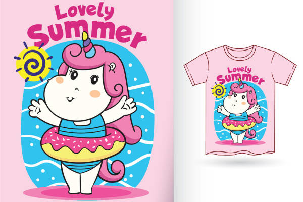 可爱独角兽夏日泳圈印花设计，适合服装印花裁片