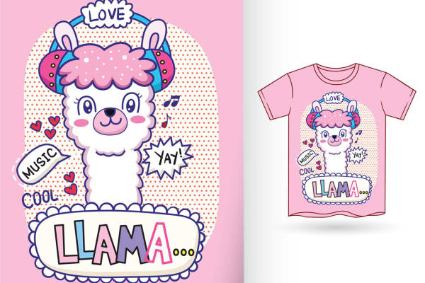 可爱卡通羊驼印花图案，适合服装裁片印花