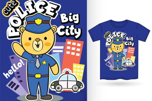 可爱警察小熊印花图案，适合儿童服装印花设计