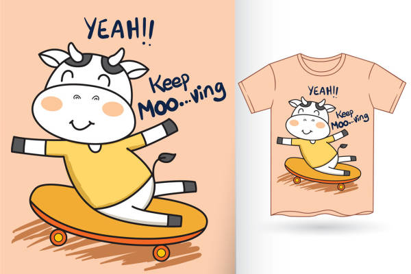 卡通奶牛滑板印花设计:时尚服装印花裁片