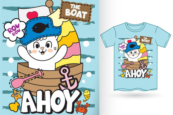 儿童服装印花设计：可爱猫咪航海主题