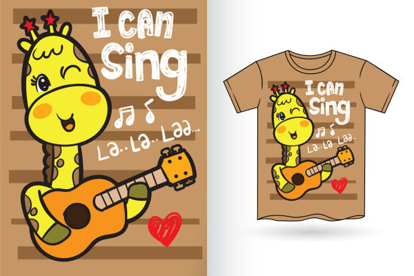 可爱长颈鹿吉他印花图案，打造个性服装