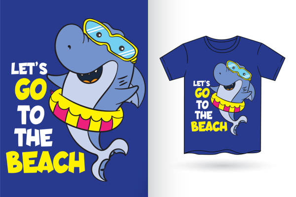 卡通鲨鱼沙滩印花图案：适合夏季服装印花设计