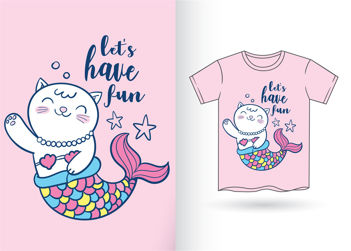 可爱猫咪美人鱼印花设计，打造个性服装