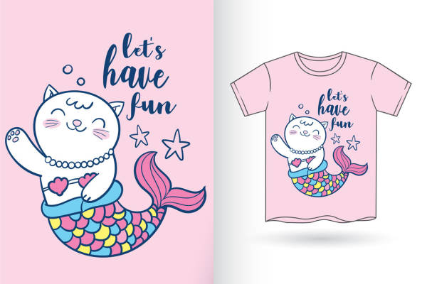 可爱猫咪美人鱼印花设计，打造个性服装
