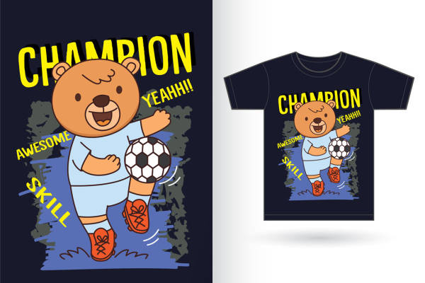 卡通熊足球冠军图案服装印花裁片