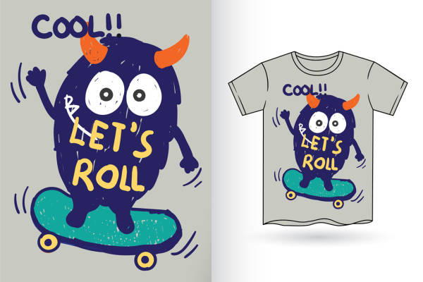 酷炫小恶魔滑板印花图案，适合服装裁片印花设计