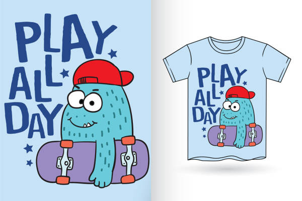 卡通怪物玩滑板，创意服装印花裁片