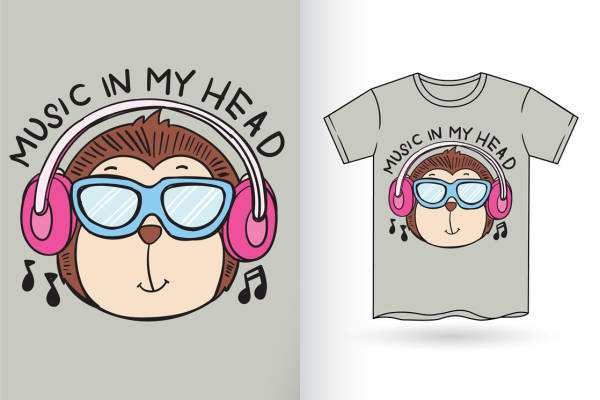 可爱音乐猴头印花图案，适合服装裁片印花