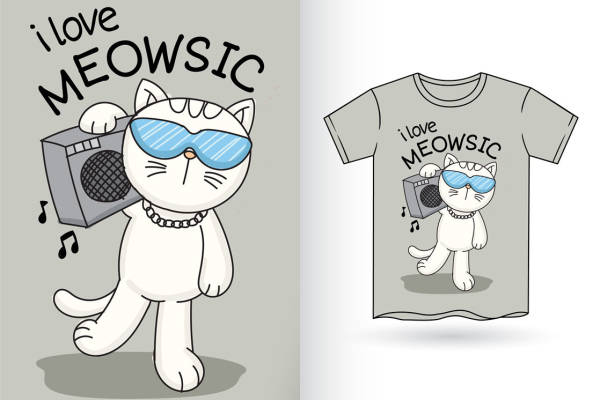 时尚猫咪音乐节印花图案，打造个性服装