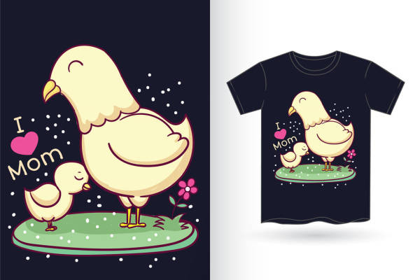 温馨母子鸡印花图案，适合服装裁片印花设计
