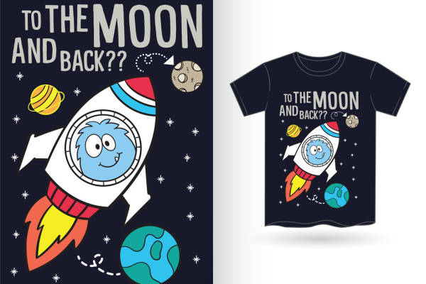 卡通火箭月球印花图案,适合儿童服装印花