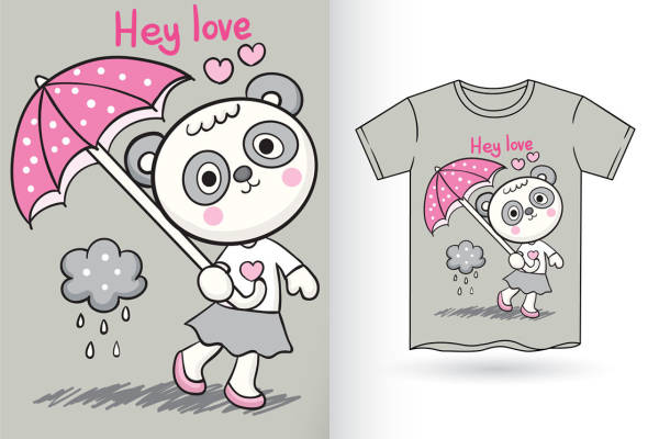 可爱熊猫撑伞印花图案，服装印花裁片设计灵感