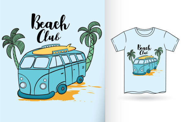 复古巴士与棕榈树：海滩俱乐部主题服装印花