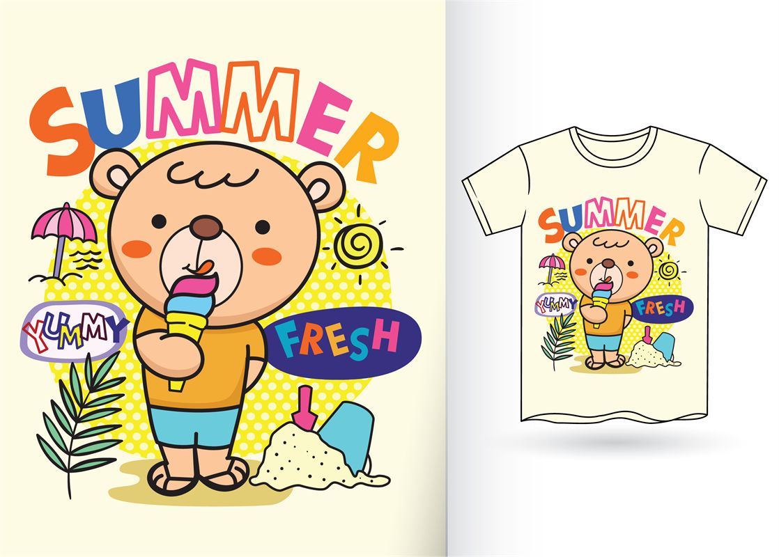 夏日可爱小熊吃冰激凌服装印花素材