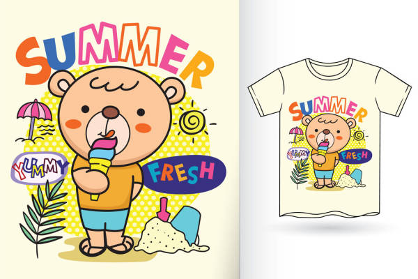 夏日可爱小熊吃冰激凌服装印花素材