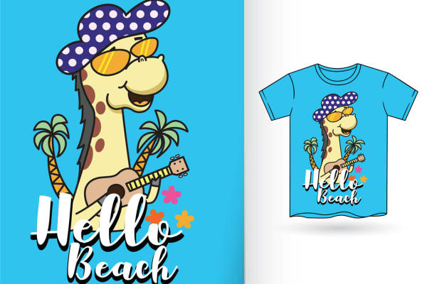 卡通长颈鹿吉他手印花图案，适合服装印花与裁片印花