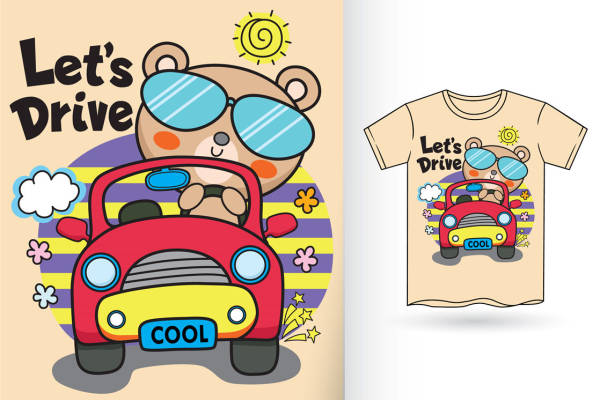 卡通熊驾驶酷车，时尚服装印花裁片