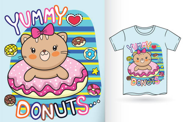 可爱猫咪甜甜圈印花：服装印花裁片创意设计