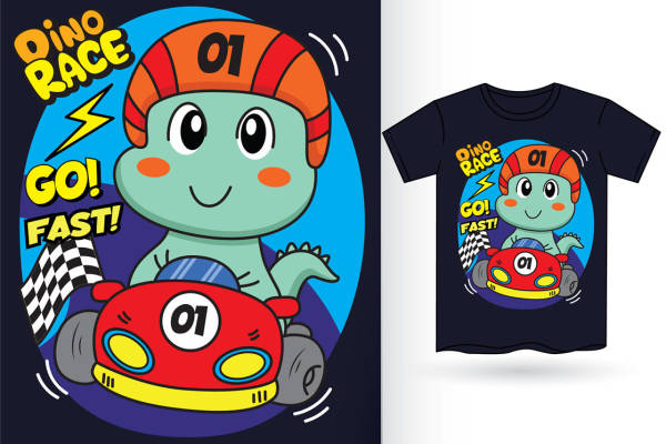 恐龙赛车手裁片印花，创意服装印花设计
