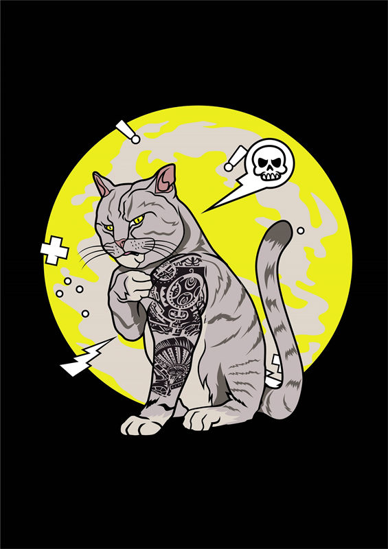 酷炫猫头骨纹身猫印花图案，打造个性服装
