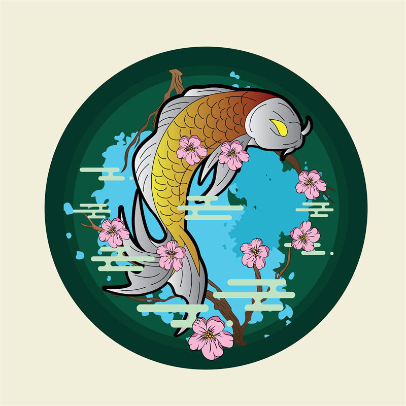 精美鲤鱼与樱花的服装印花设计