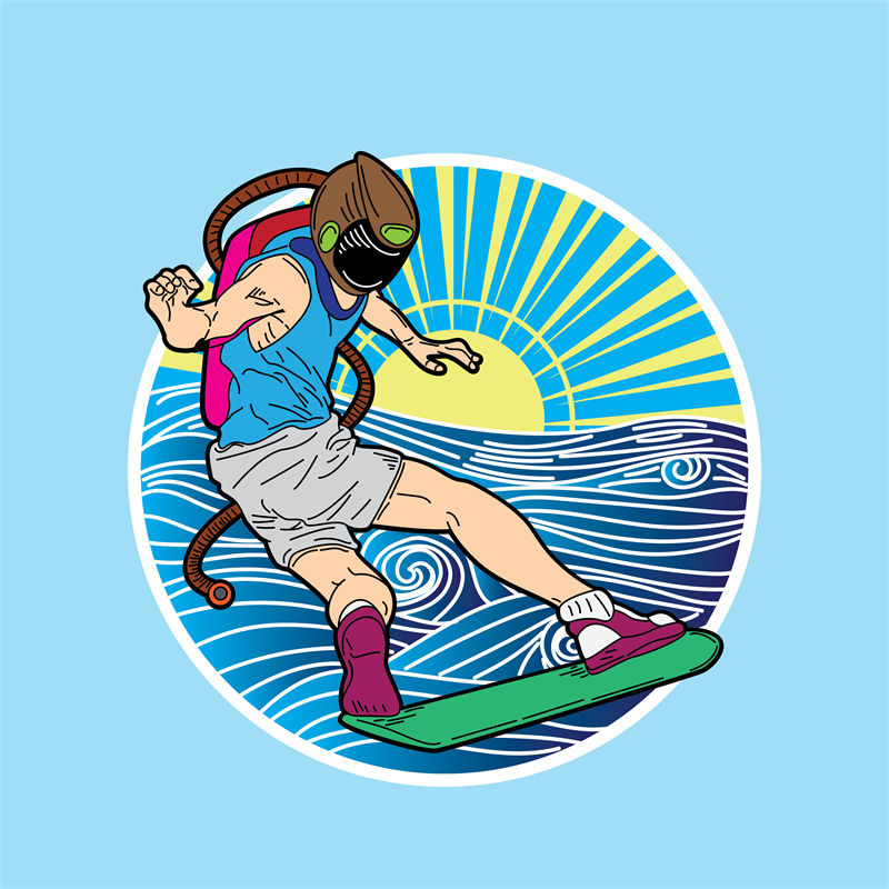 夏日海滩风潮：卡通冲浪者服装印花设计