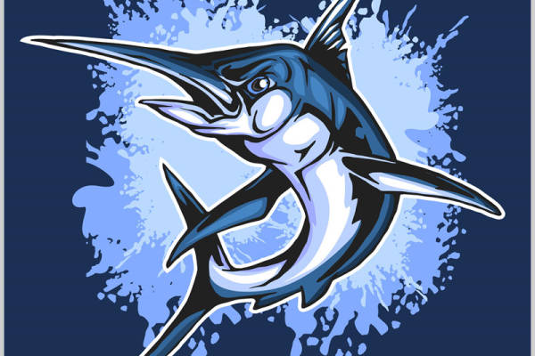 深海蓝剑鱼印花裁片，时尚潮流服装印花素材