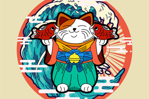 招财猫招财鱼图案服装印花裁片印花