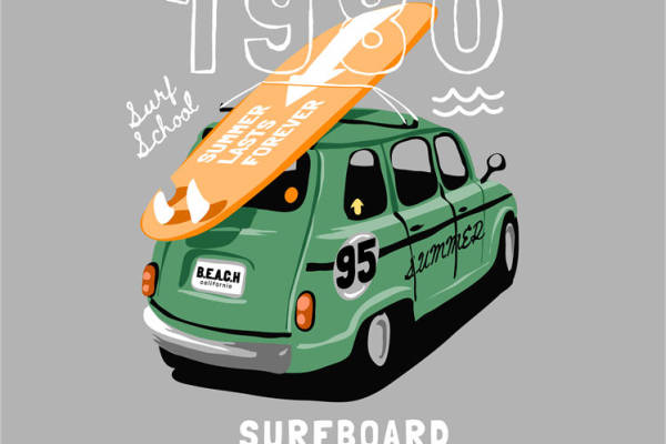 复古绿车顶冲浪板图案服装印花