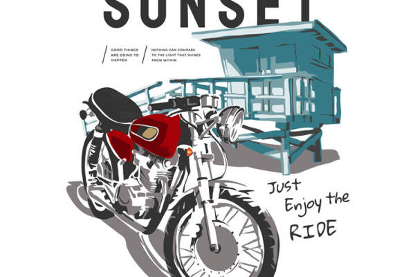 复古摩托车图案裁片印花，打造个性服装