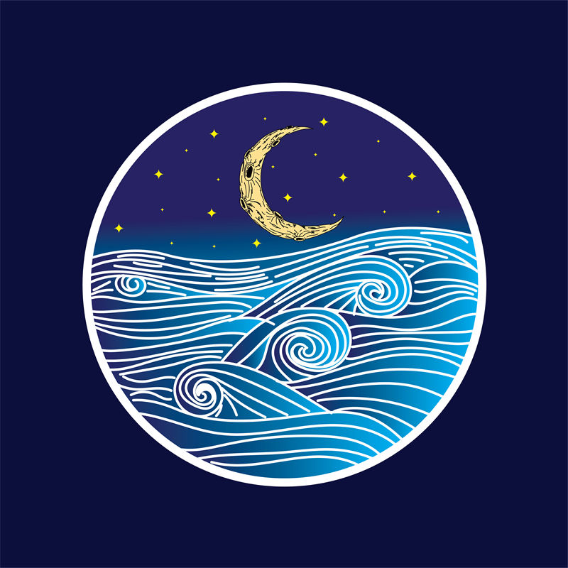 夜海波浪月星印花图案，打造梦幻夜空的服装印花