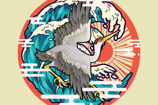 优雅仙鹤与波浪纹的服装印花设计