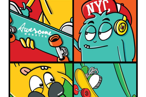 酷炫滑板怪兽图案服装印花设计