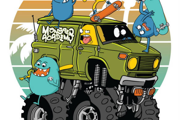 卡通怪兽与越野车的创意服装印花