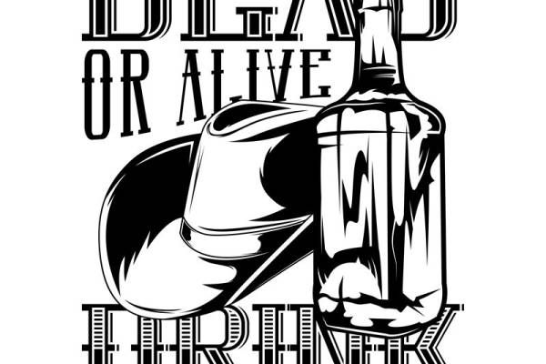 复古牛仔帽与威士忌瓶图案服装印花