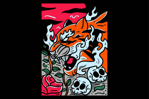 老虎火焰纹身图案服装印花裁片