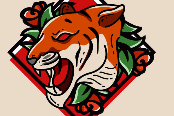 复古红色狐狸头像印花素材，适合服装裁片设计