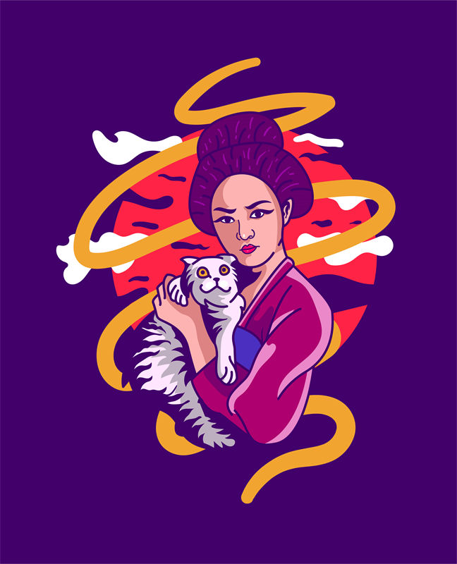 复古和风女子与猫印花图案：服装印花裁片新选择