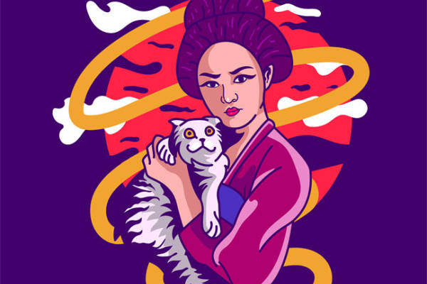 复古和风女子与猫印花图案：服装印花裁片新选择