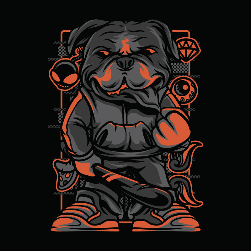 暗黑风斗牛犬印花图案：服装印花裁片设计灵感
