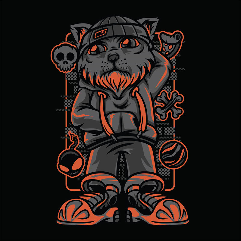 酷炫黑猫头骨图案服装印花裁片