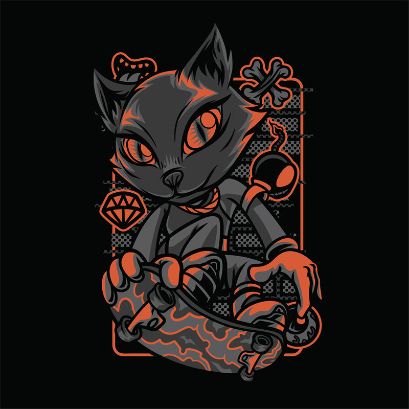 时尚黑猫纹样裁片印花，打造个性服装