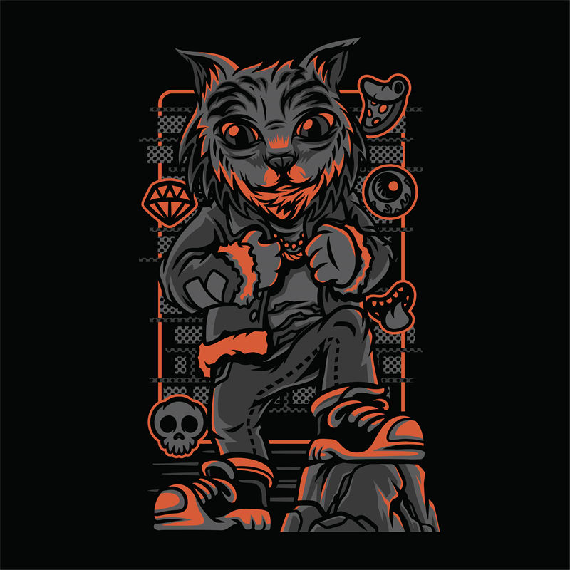 暗黑风格猫头印花图案，适合服装裁片印花