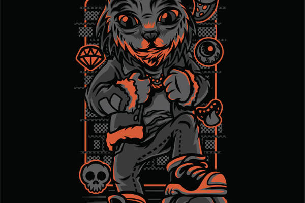 暗黑风格猫头印花图案，适合服装裁片印花