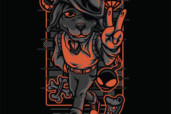 酷炫黑橙骷髅狗印花图案，打造个性服装