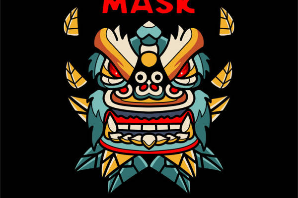 传统龙面具图案服装印花裁片设计