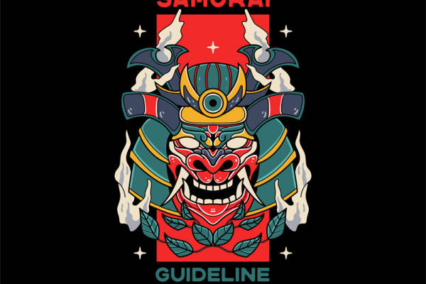 传统武士头盔图案裁片印花，打造个性服装