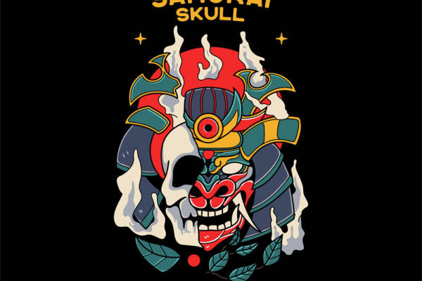 日式武士头盔骷髅图案服装印花设计