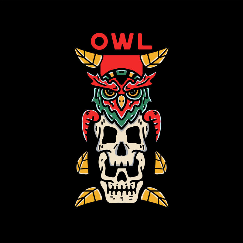 暗黑风格骷髅头与猫头鹰图案服装印花裁片